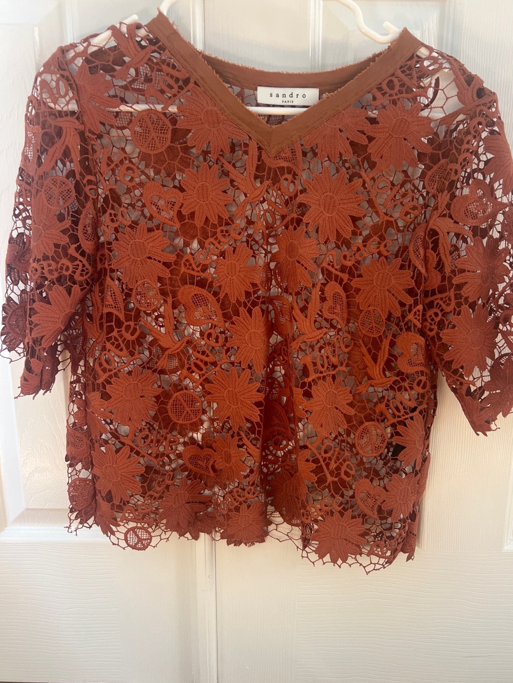 Sandro Paris Floral Lace Short Sleeve Top Rust Terracotta Size 2